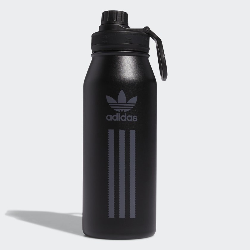 Black water bottle with gray logo, and three stripes