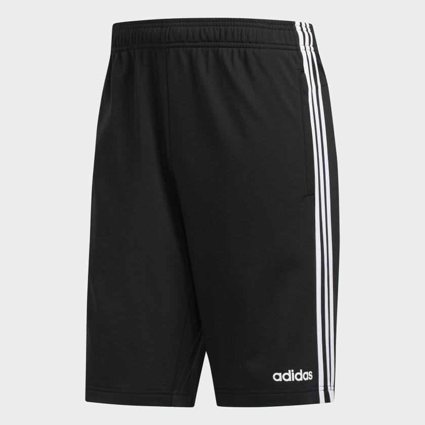 Black shorts with three white stripes on each side, adidas words on bottom right