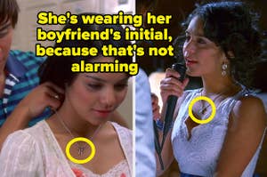 "She's wearing her boyfriend's initial, because that's not alarming" written over Gabriella wearing a "T" necklace in "High School Musical 2"