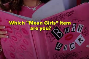 Two girls are holding a Burn Book labeled, "Which Mean Girls item are you?"