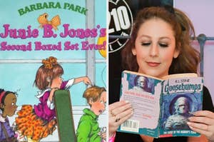 A Junie B. Jones cover is on the left with a woman on the right reading "Goosebumps"