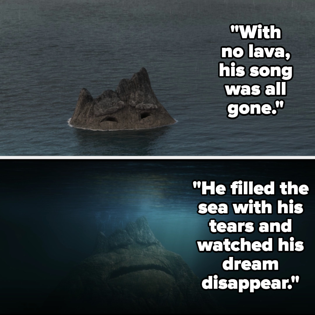 The volcano sinks underwater as the song says, &quot;With no lava, his song was all gone. He filled the sea with his tears and watched his dream disappear&quot;
