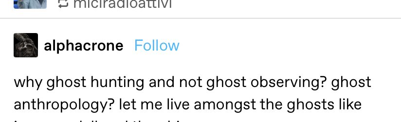 &quot;why ghost hunting and not ghost observing? ghost anthropology? let me live amongst the ghosts like jane goodall and the chimpanzees&quot;