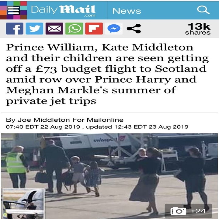 Prince William, Kate Middleton and their children are seen getting off a £73 budget flight to Scotland amid row over Prince Harry and Meghan Markle's summer of private jet trips
