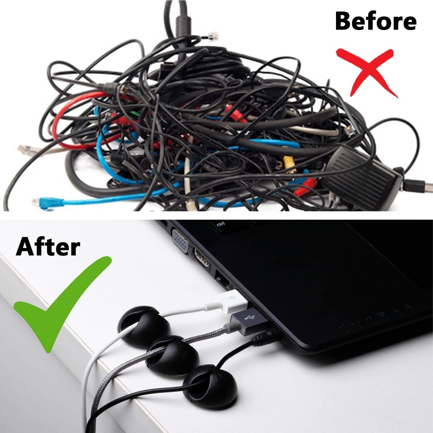 A before and after photo showing that the clips keep cables neat and organized