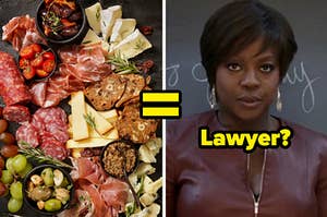 A charcuterie board filled with various meats and cheeses and Viola Davis as Annalise Keating in the show "How to Get Away with Murder."