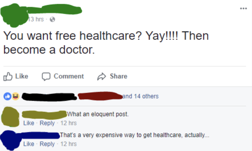 person who says just become a doctor if you want healthcare