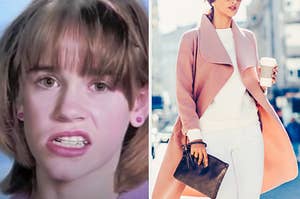 On the left, young Jenna from "13 Going on 30" smiling a crooked smile for a yearbook picture, and on the right, someone wearing light jeans, a sweater, and a long coat with a clutch in one hand and a to-go coffee in the other