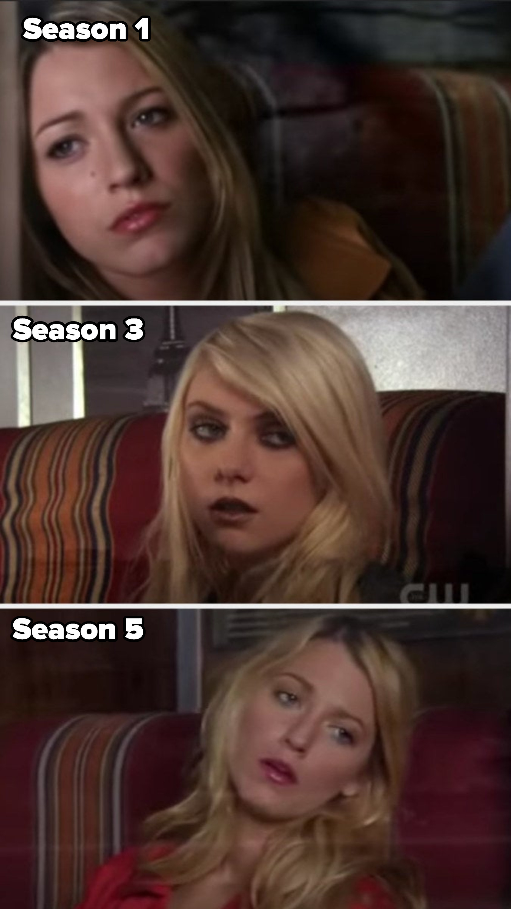 Serena coming into town in Season 1, Jenny leaving town in Season 3, and Serena leaving town in Season 3, all through the window on the train