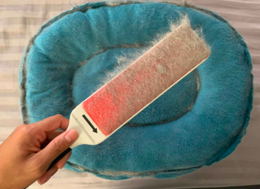 Reviewer holding the lint brush covered in fur in front of a pet bed