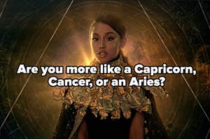 Ariana Grande is surrounded by astrological signs with a label that reads: "Capricorn, Cancer, Or Aries?"