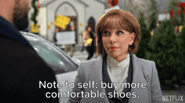 gif of Christine Baranski in &quot;Christmas on the Square&quot; saying &quot;note to self: buy more comfortable shoes&quot; 
