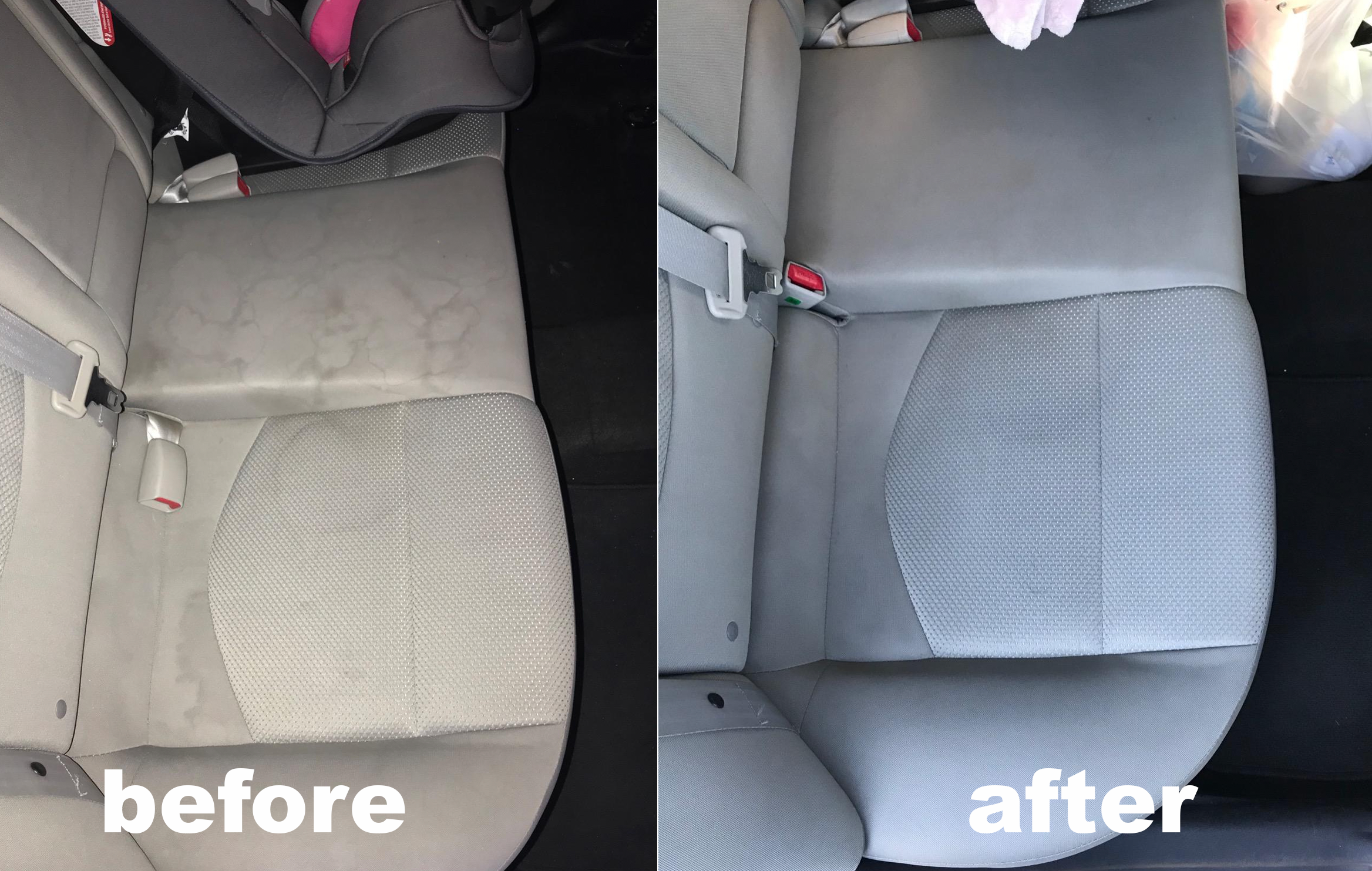 reviewer before and after images: the stained back seat of a car; after using the light &#x27;n easy steam mop, it is stain-free
