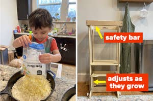 A toddler making a pizza while standing on a learning tower; a tower stored in kitchen