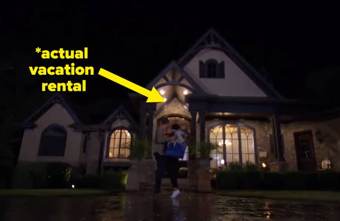 Madi's "home" on the bachelor with an arrow pointing to it that says, "actual vacation rental"