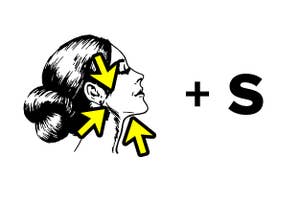 Arrows pointing to a woman's jawline plus "S"