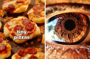 Tiny pepperoni pizzas on the left and a close-up of an eye on the right