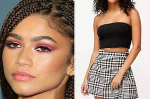 On the left, a closeup of Zendaya's face, and on the right, someone wearing a cropped bandeau top and a patterned skirt