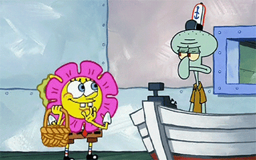 SpongeBob dressed like a flower and throwing petals into an unamused Squidward&#x27;s face