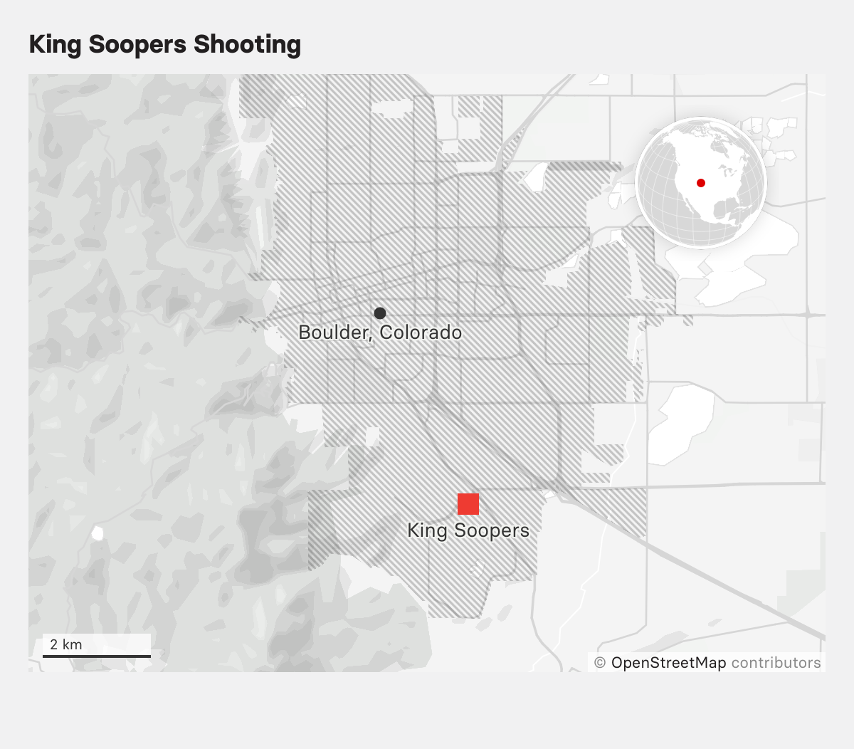 A map shows the location of King Soopers grocery store in the southeast section of the city of Boulder