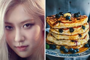 On the left, Rosé from Blackpink in the "On the Ground" music video, and on the right, a stack of blueberry pancakes