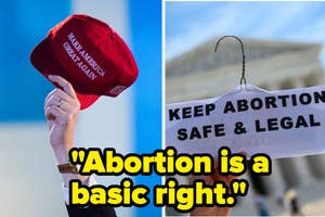 A MAGA hat next to an abortion protest sign