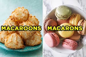 On the left, a plate of coconut macaroons, and on the right, a bowl of French macarons