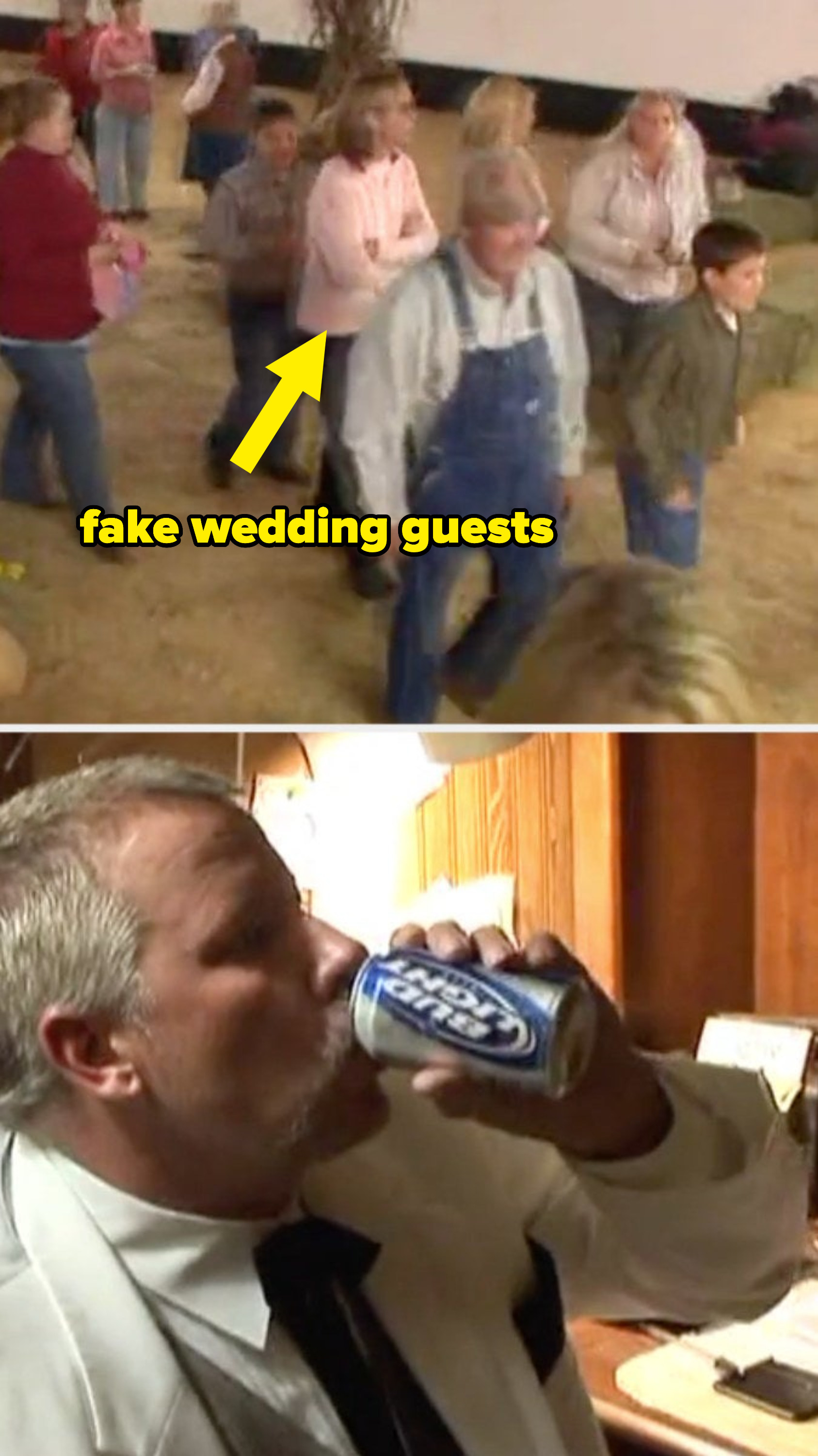 Fake wedding guests and the groom drinking a beer