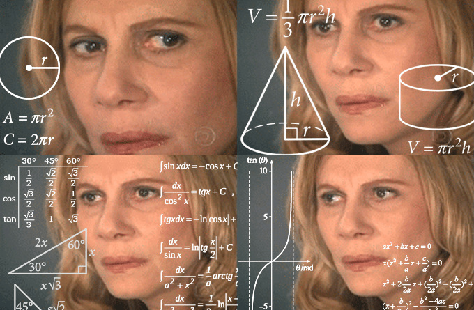 meme of a woman confused by math with equations floating around her head