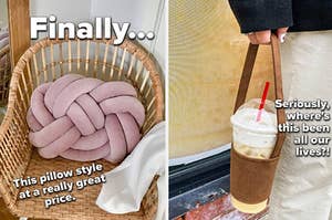 left side is a pink velvet knotted throw pillow and the right side shows an iced latte cup in a small case with a handlle