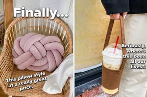 left side is a pink velvet knotted throw pillow and the right side shows an iced latte cup in a small case with a handlle