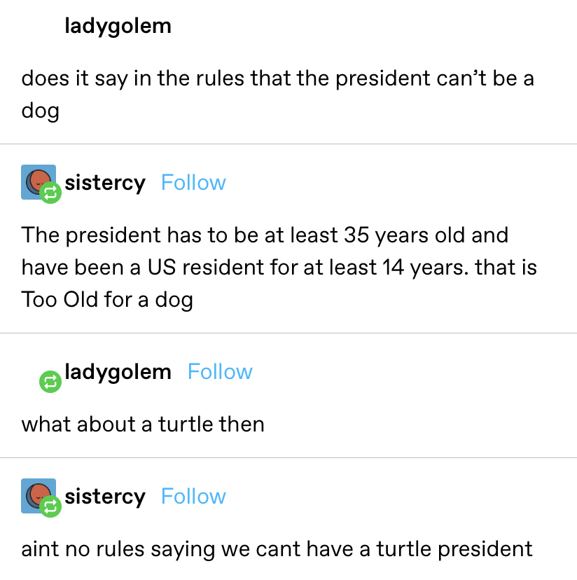 "Does it say in the rules that the president can’t be a dog?" Reply: "The president has to be at least 35 years old and have been a US resident for at least 14 years. that is Too Old for a dog." Reply 2: "What about a turtle then?"