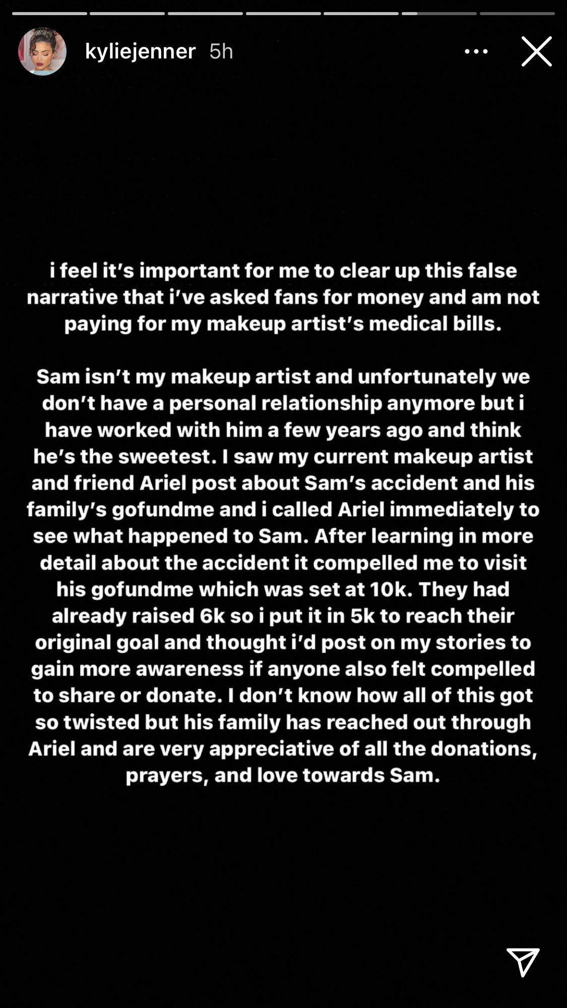 A screenshot of Kylie Jenner&#x27;s Instagram Story clarifying details surrounding when she shared Samuel Rauda&#x27;s GoFundMe