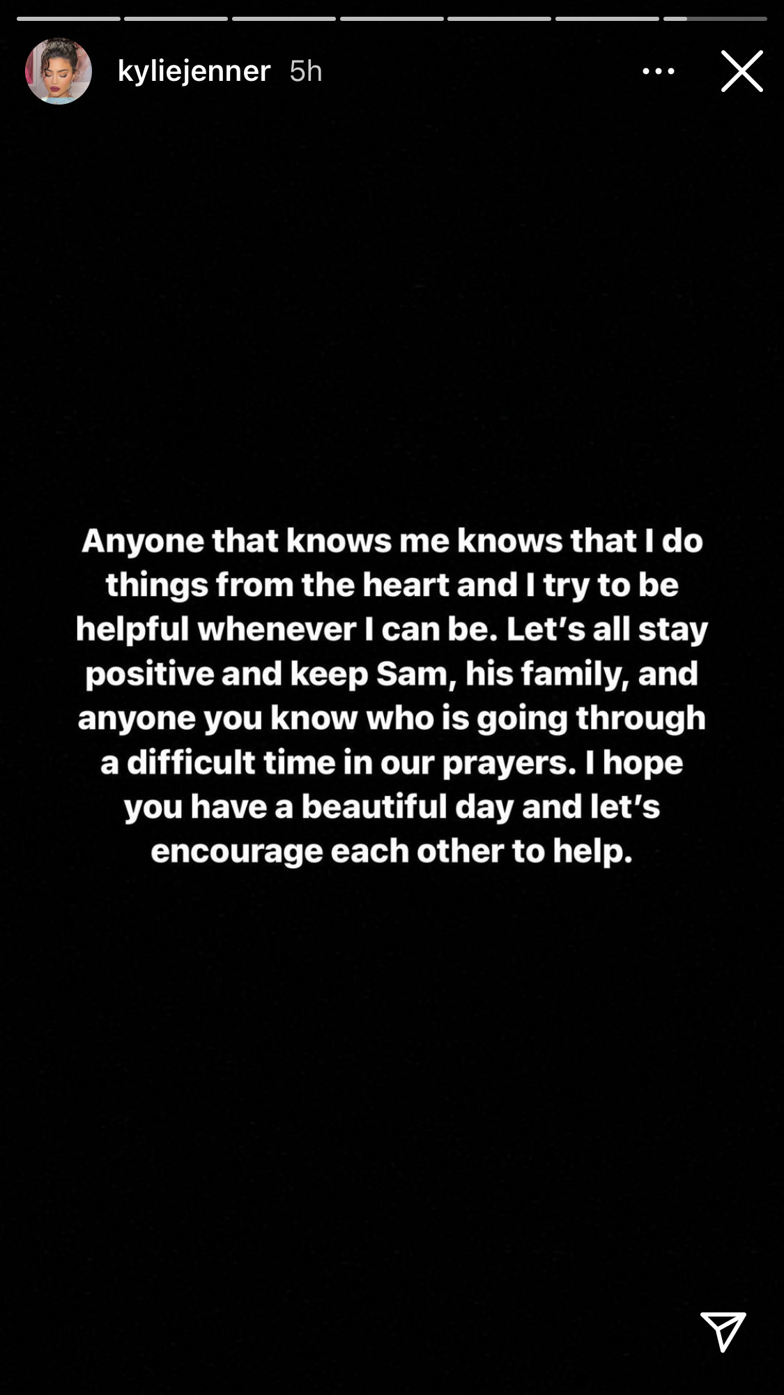 A screenshot of Kylie Jenner&#x27;s Instagram Story further clarifying details surrounding when she shared Samuel Rauda&#x27;s GoFundMe