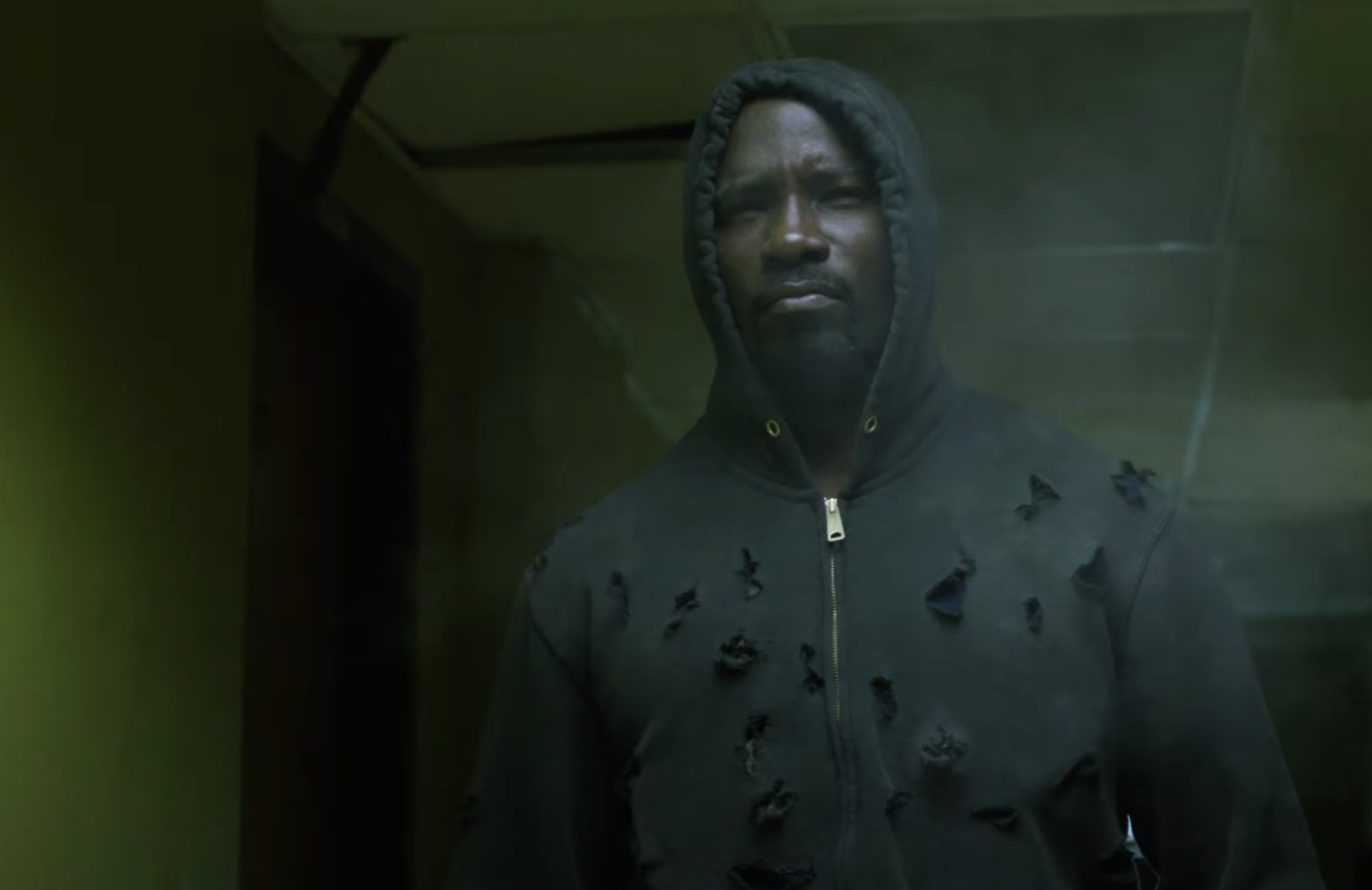 Mike Colter as Luke Cage, unharmed by bullets, on Luke Cage