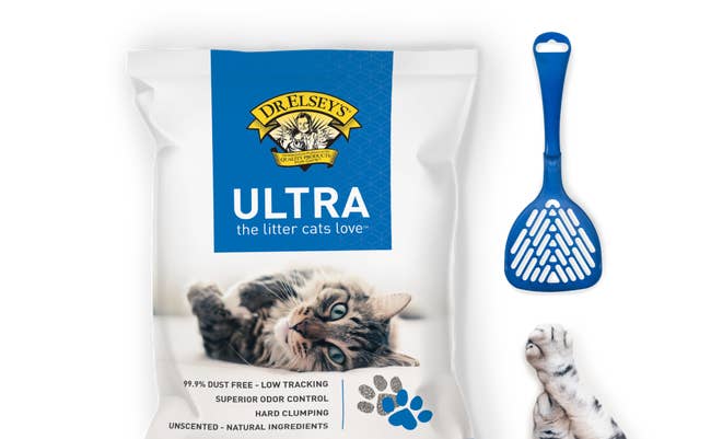 the bag of litter, a litter scooper, and a cat's paw
