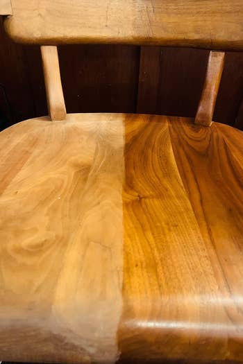 reviewer photo of their wood chair half restored with the Feed-N-Wax