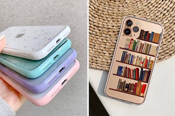 to the left: a stack of glittery phone cases, to the right: a phone case with bookcases on it