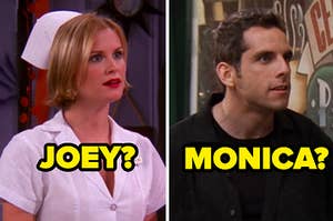 Mona on the left with "joey" written over her and tommy on the left with "monica" written under him