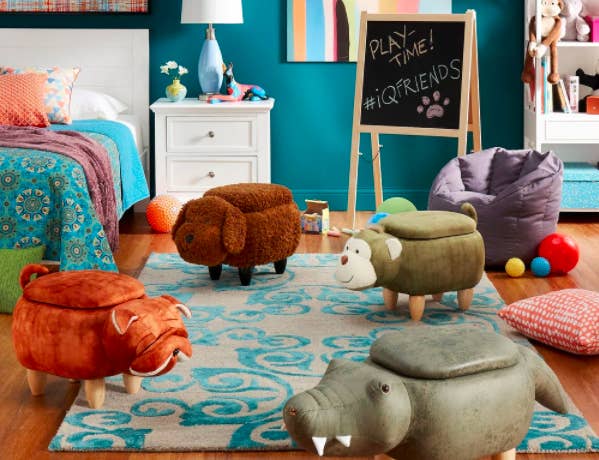 ottomans shaped like a dog, crocodile, and monkey 