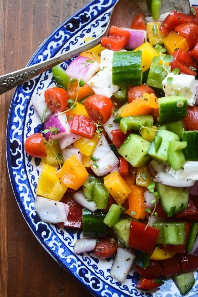 Israeli chopped salad with cucumber, pepper, onion, and feta.