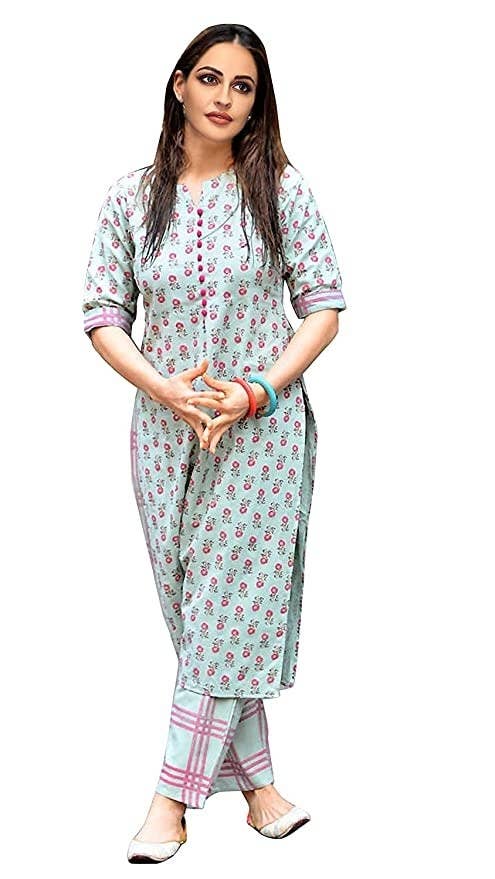 Blue floral kurta with checked pants.