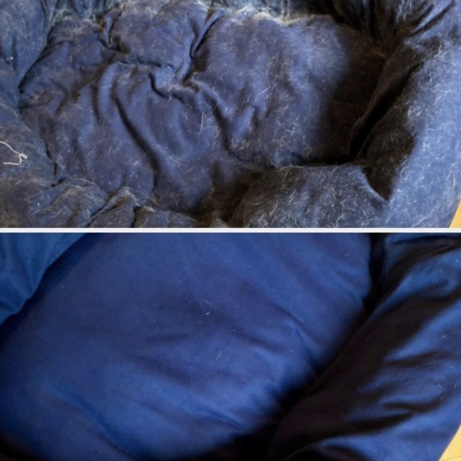A before and after of a dog bed covered with fur
