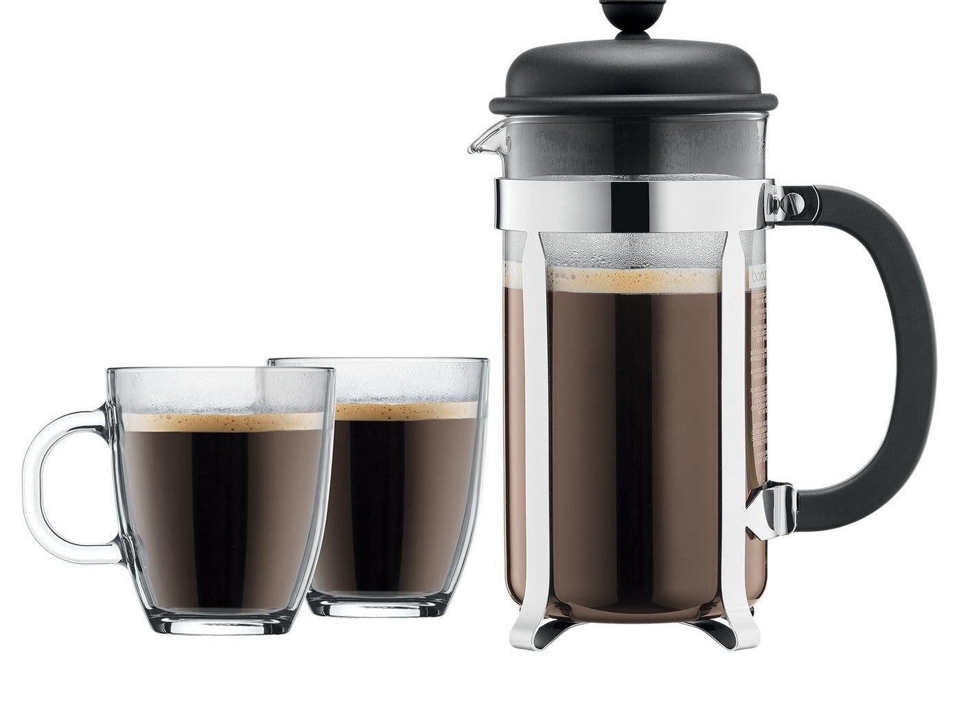 A French press coffee maker and two glass mugs