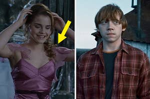 hermione in her yule ball dress on the left and ron weasley standing in front of his home on the right