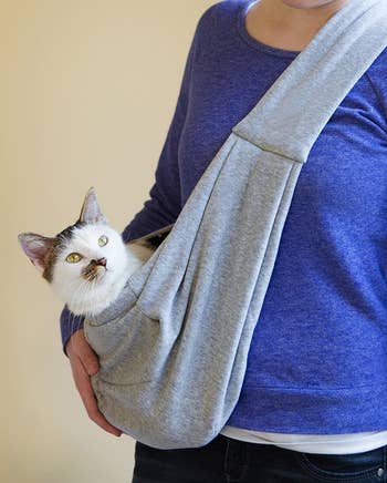 a model holding a cat in a gray sling