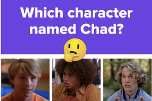 A label reads: "Which character names Chad?" with three characters facing each other and a think face emoji in the center