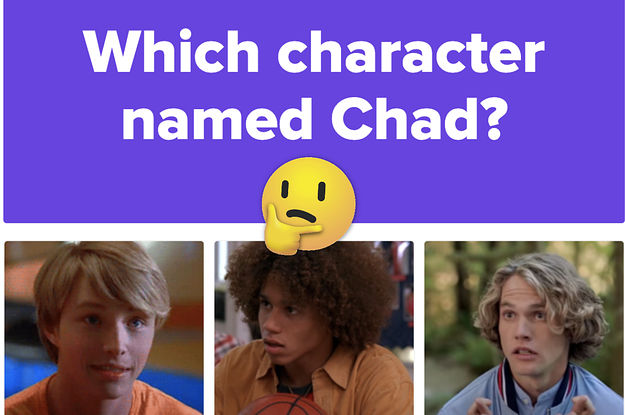 A label reads: "Which character names Chad?" with three characters facing each other and a think face emoji in the center
