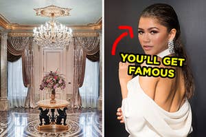 On the left, a fancy home entryway with marble floors and a crystal chandelier, and on the right, Zendaya with an arrow pointing to her and "you'll get famous" typed under her face