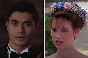 Henry Golding is on the left wearing a tux with Molly Ringwald wearing a floral headband on the right